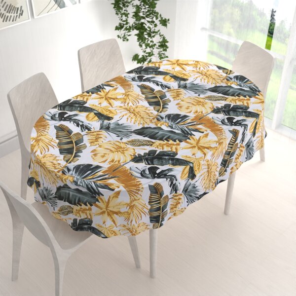 Biante Bavlnený oválny obrus Sandra SA-388 Sivozelené a zlaté tropické listy na bielom 50x100 cm