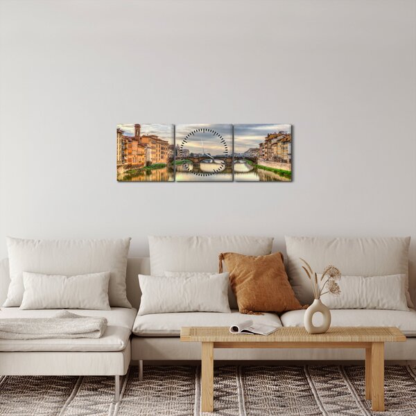 Obraz mesta s riekou (s hodinami) (90x30 cm)