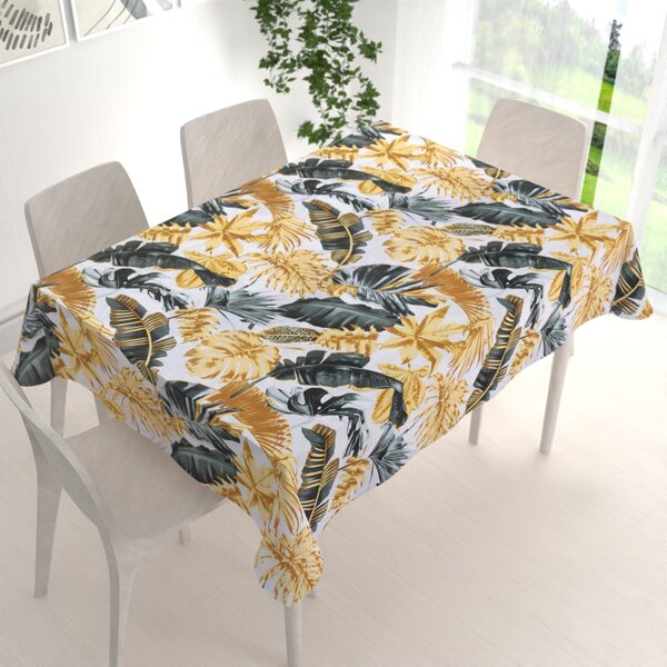 Biante Bavlnený obdĺžnikový obrus Sandra SA-388 Sivozelené a zlaté tropické listy na bielom 50x100 cm