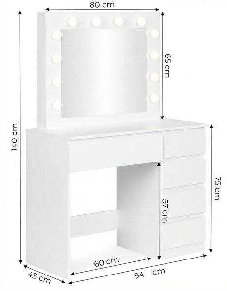 INLEA Toaletný stolík LISA s LED osvetlením (LED žiarovky) a 5 zásuvkami - biely
