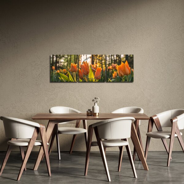 Obraz - oranžové tulipány (s hodinami) (90x30 cm)