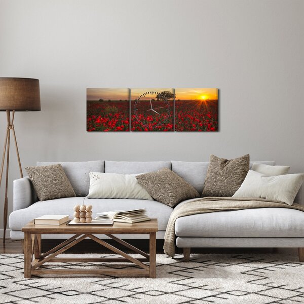 Obraz lúky s vlčími makmi (s hodinami) (90x30 cm)