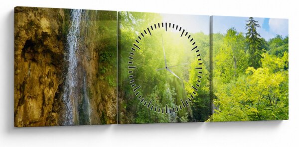 Obraz - vodopády v pralese (s hodinami) (90x30 cm)