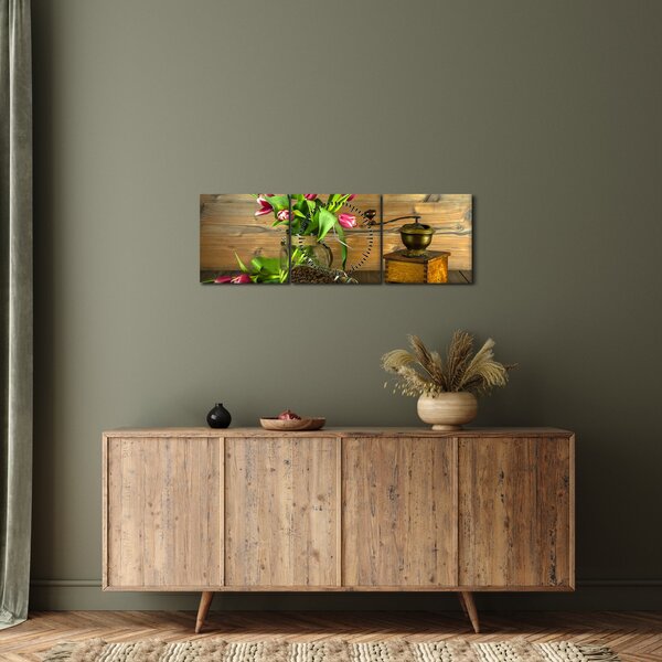 Obraz - tulipány, mlynček a káva (s hodinami) (90x30 cm)