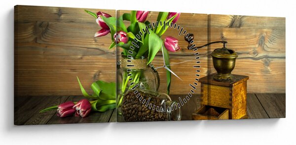 Obraz - tulipány, mlynček a káva (s hodinami) (90x30 cm)