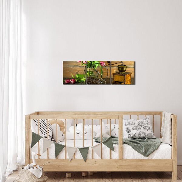 Obraz - tulipány, mlynček a káva (s hodinami) (90x30 cm)