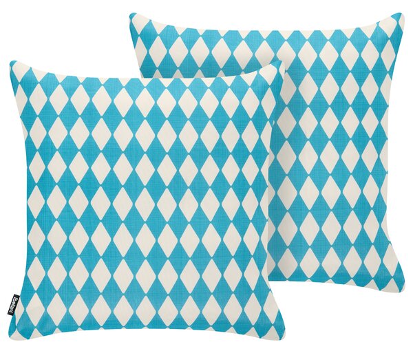 Sada 2 vonkajších dekoratívnych vankúšov tyrkysová polyester 45 x 45 cm štvorcový tvar moderný štýl záhrada exteriér