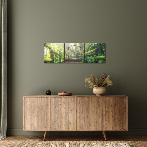 Obraz - drevené schody v lese (s hodinami) (90x30 cm)
