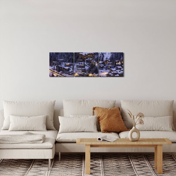 Obraz - horské zimné mestečko (s hodinami) (90x30 cm)