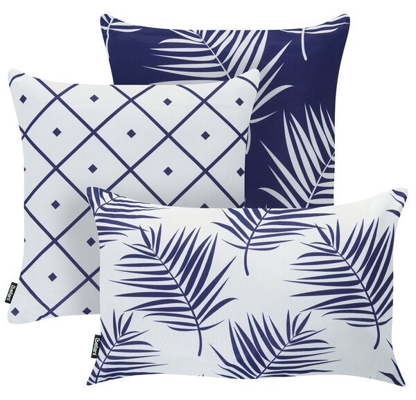 Sada 3 vonkajších dekoratívnych vankúšov biela tmavomodrá polyester moderný štýl záhrada exteriér