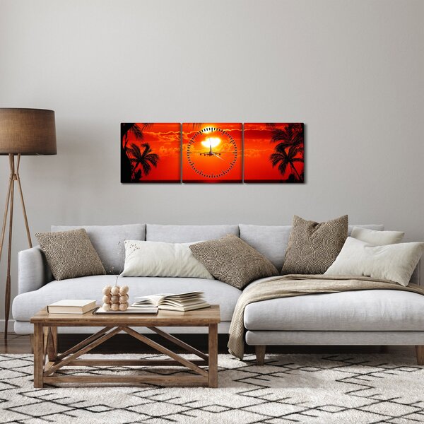 Obraz - západ slnka s lietadlom (s hodinami) (90x30 cm)
