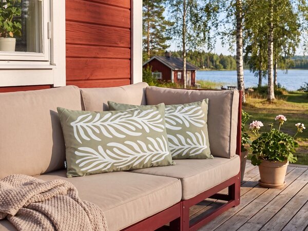 Sada 2 vonkajších dekoratívnych vankúšov olivovozelená polyester 30 x 50 cm obdĺžnikový tvar moderný štýl záhrada exteriér