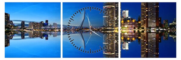Obraz - nočný Rotterdam (s hodinami) (90x30 cm)