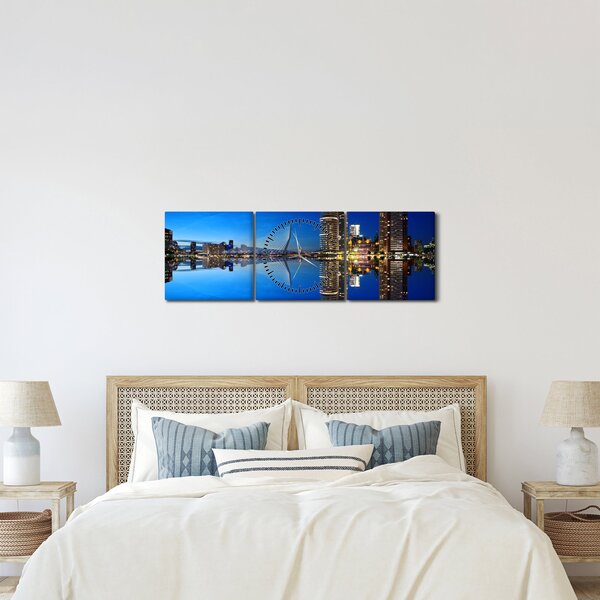 Obraz - nočný Rotterdam (s hodinami) (90x30 cm)