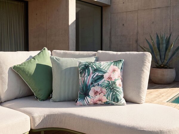 Sada 3 vonkajších dekoratívnych vankúšov zelená polyester 45 x 45 cm štvorcový tvar moderný cottage štýl záhrada exteriér