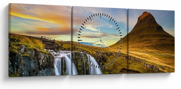 Obraz hory a vodopádov na Islande (s hodinami) (90x30 cm)