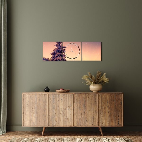 Obraz zasneženého stromu na lúke (s hodinami) (90x30 cm)
