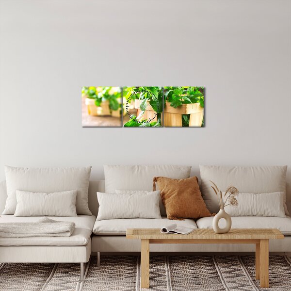 Obraz čerstvej mäty (s hodinami) (90x30 cm)