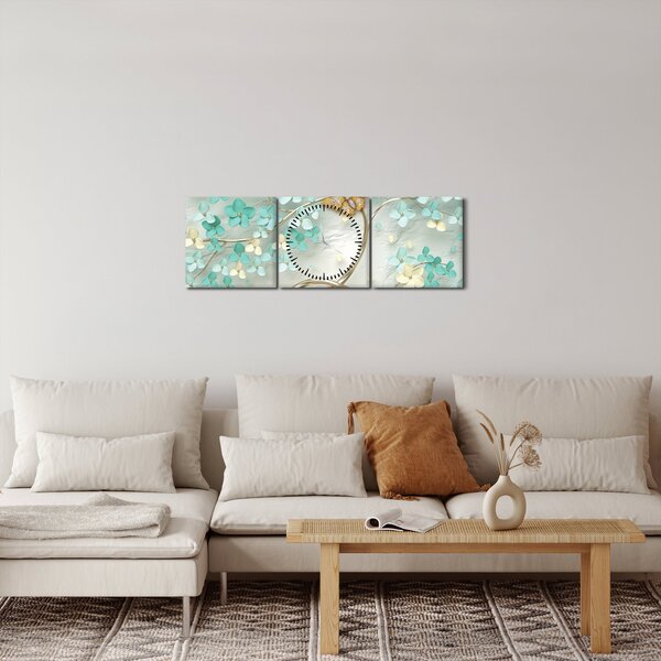 Obraz kvety s motýľmi (s hodinami) (90x30 cm)