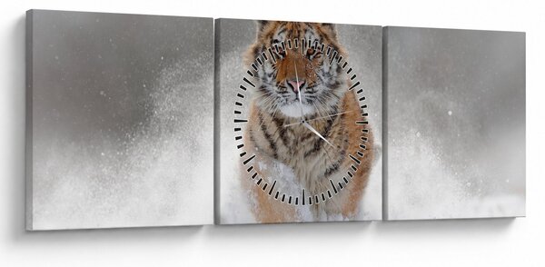 Obraz bežiaceho tigra v snehu (s hodinami) (90x30 cm)