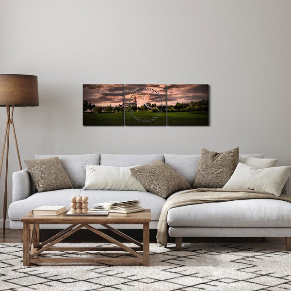 Obraz krajiny s kostolom (s hodinami) (90x30 cm)