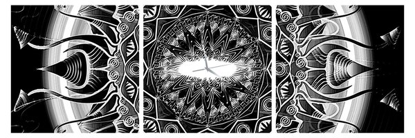 Obraz čiernobielych ornamentov (s hodinami) (90x30 cm)