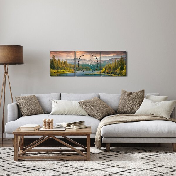 Obraz horskej rieky a hôr (s hodinami) (90x30 cm)