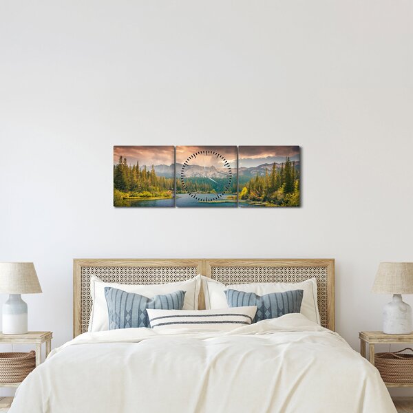 Obraz horskej rieky a hôr (s hodinami) (90x30 cm)