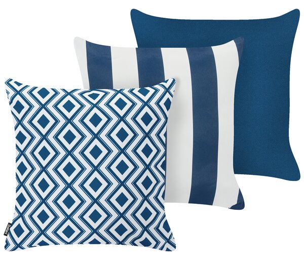 Sada 3 vonkajších dekoratívnych vankúšov biela námornícka modrá polyester 45 x 45 cm štvorcový tvar moderný štýl záhrada exteriér