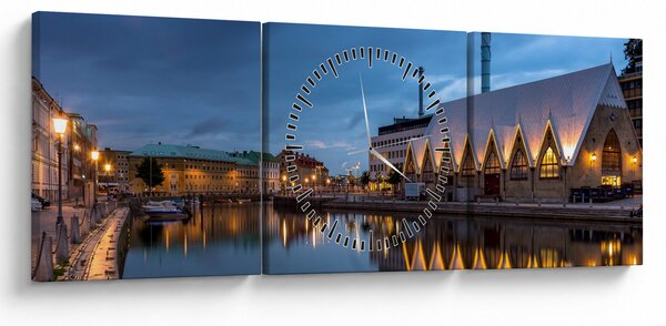Obraz vodného kanála - Göteborg (s hodinami) (90x30 cm)