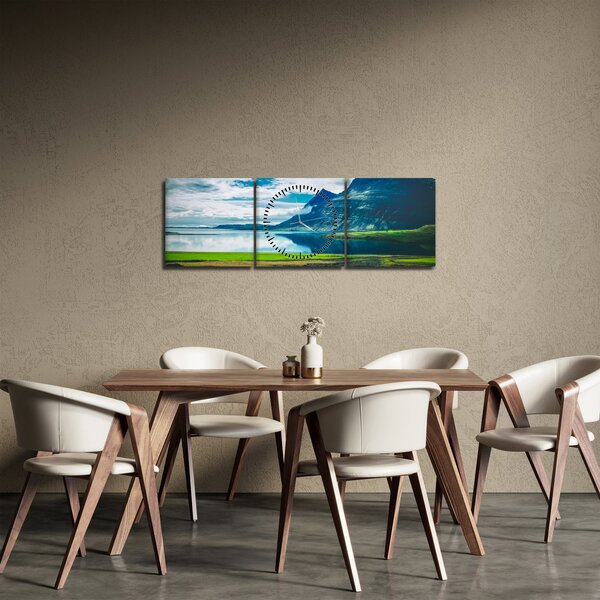Obraz jazera s horami (s hodinami) (90x30 cm)