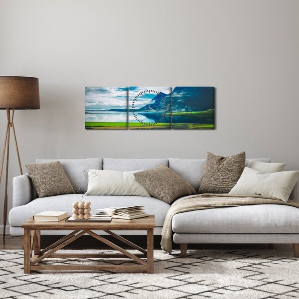 Obraz jazera s horami (s hodinami) (90x30 cm)