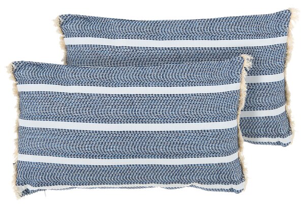 Sada 2 vonkajších dekoratívnych vankúšov modrá polyester 30 x 50 cm obdĺžnikový tvar pruhovaná so strapcami moderný štýl záhrada exteriér