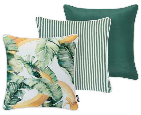 Sada 3 vonkajších dekoratívnych vankúšov zelená polyester 45 x 45 cm štvorcový tvar moderný štýl záhrada exteriér