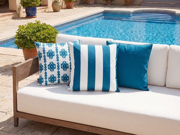 Sada 3 vonkajších dekoratívnych vankúšov biela modrá polyester 45 x 45 cm štvorcový tvar moderný štýl záhrada exteriér