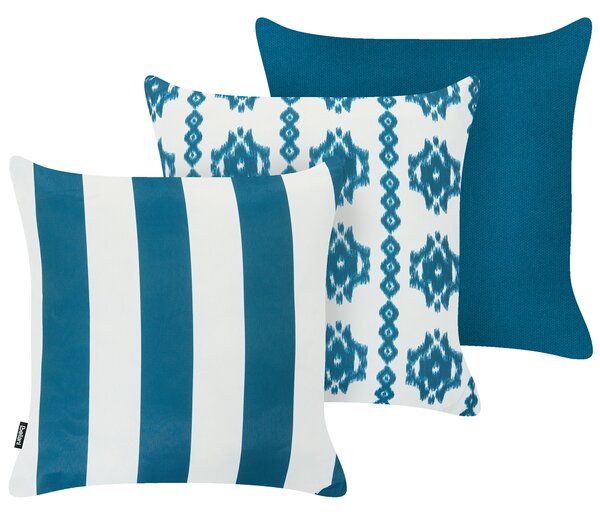 Sada 3 vonkajších dekoratívnych vankúšov biela modrá polyester 45 x 45 cm štvorcový tvar moderný štýl záhrada exteriér