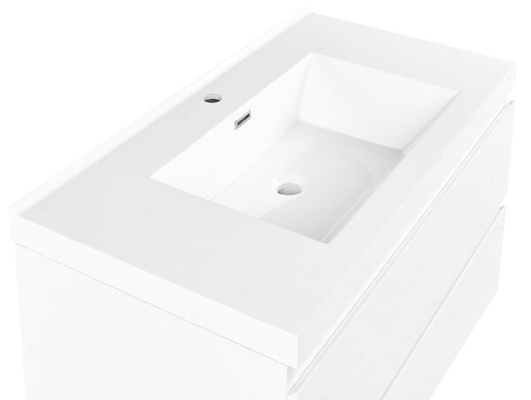 Závesná kúpeľňová skrinka na stenu biela MDF 90 x 50 cm s 2 zásuvkami a umývadlom