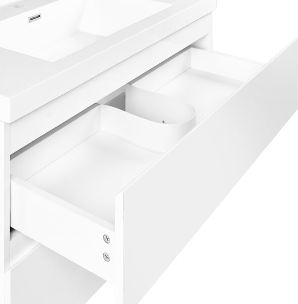 Závesná kúpeľňová skrinka na stenu biela MDF 90 x 50 cm s 2 zásuvkami a umývadlom