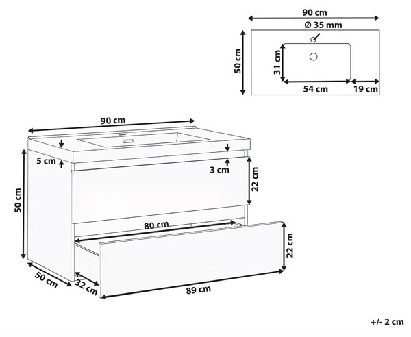 Závesná kúpeľňová skrinka na stenu biela MDF 90 x 50 cm s 2 zásuvkami a umývadlom