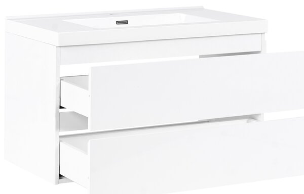 Závesná kúpeľňová skrinka na stenu biela MDF 90 x 50 cm s 2 zásuvkami a umývadlom