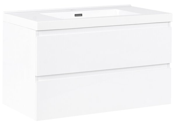 Závesná kúpeľňová skrinka na stenu biela MDF 90 x 50 cm s 2 zásuvkami a umývadlom