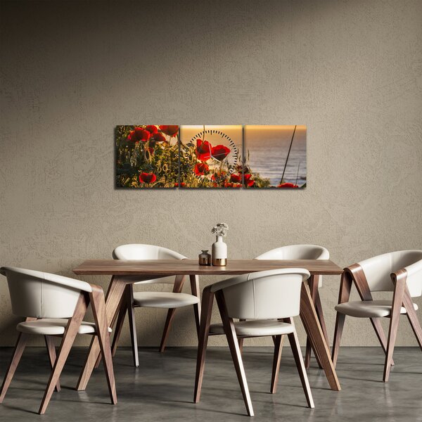 Obraz západu slnka s vlčími makmi (s hodinami) (90x30 cm)