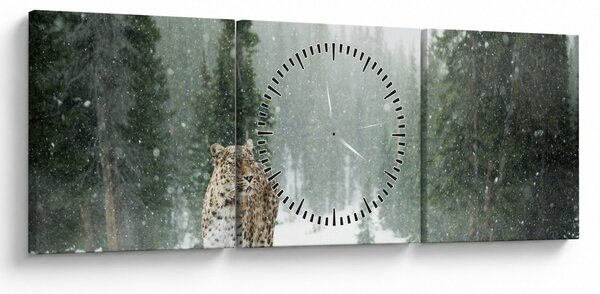 Obraz leoparda v snehu (s hodinami) (90x30 cm)