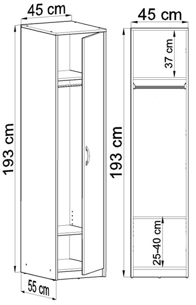 Úzka šatníková skriňa SIMELA - šírka 45 cm, dub sonoma / biela