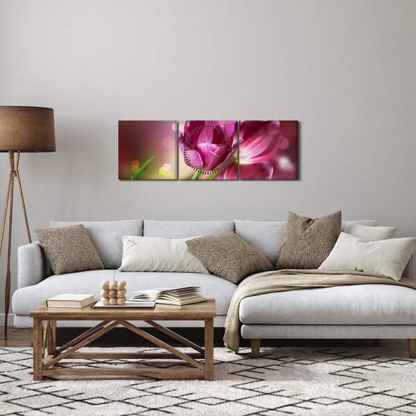 Obraz ružových tulipánov (s hodinami) (90x30 cm)
