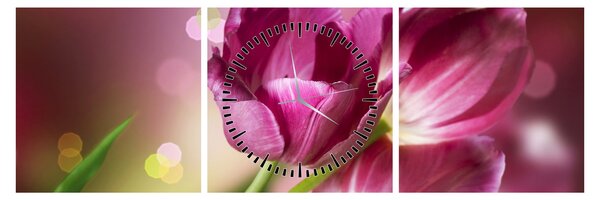 Obraz ružových tulipánov (s hodinami) (90x30 cm)