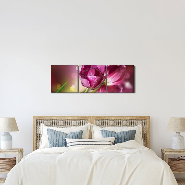 Obraz ružových tulipánov (s hodinami) (90x30 cm)