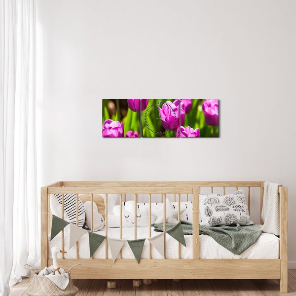 Obraz tulipánov na lúke (s hodinami) (90x30 cm)