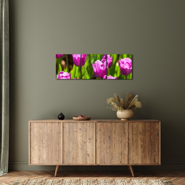 Obraz tulipánov na lúke (s hodinami) (90x30 cm)