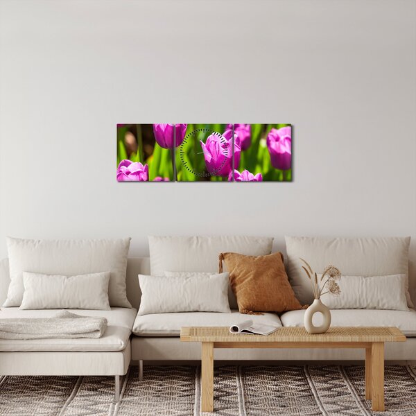 Obraz tulipánov na lúke (s hodinami) (90x30 cm)